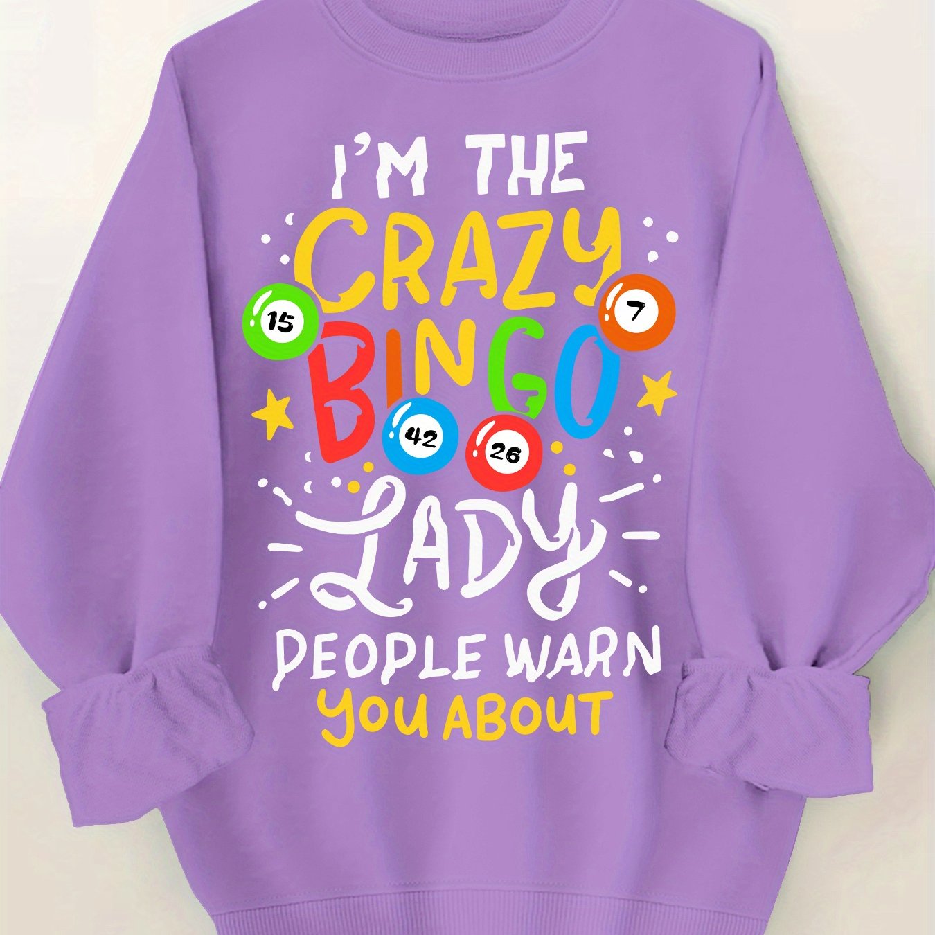 Plus Size Women's Crew Neck Sweatshirt with Crazy Bingo Lady Print Casual Long Sleeve Pullover