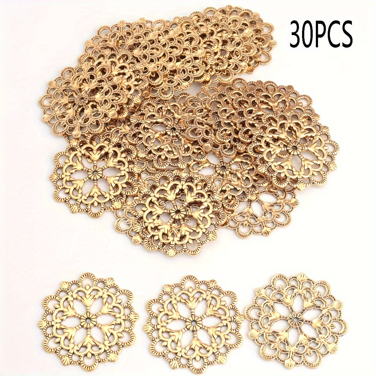 Set of 30 Antique Silver and Gold Hollow Lace Flower Round Pendants 30mm for Jewelry Making and Decorations