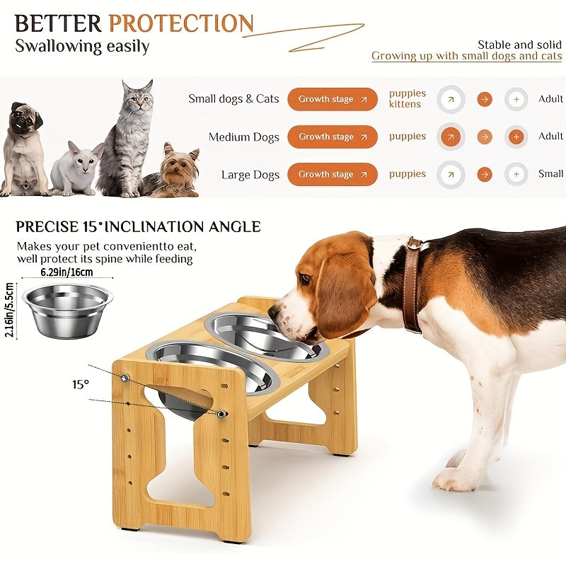 Adjustable Pet Feeder with Bamboo Stand and Stainless Steel Bowls for Small Pets