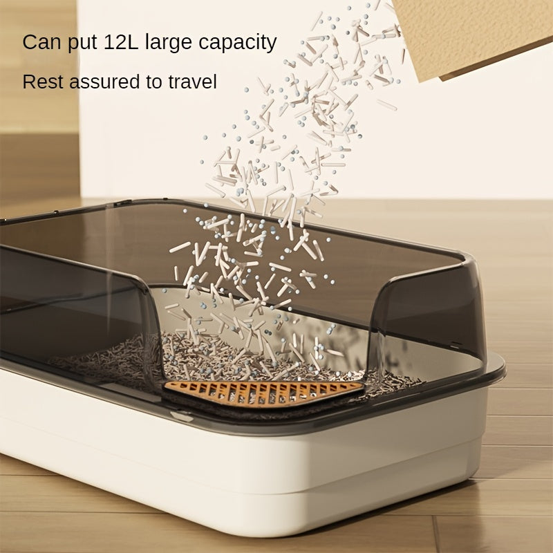 Экстра большой полузакрытый туалет для кошек с высоким бортиком, водоотталкивающим дизайном и объемом 12,1 л. Изготовлен из прочного пластика/полипропилена для легкой очистки, подходит для нескольких кошек.