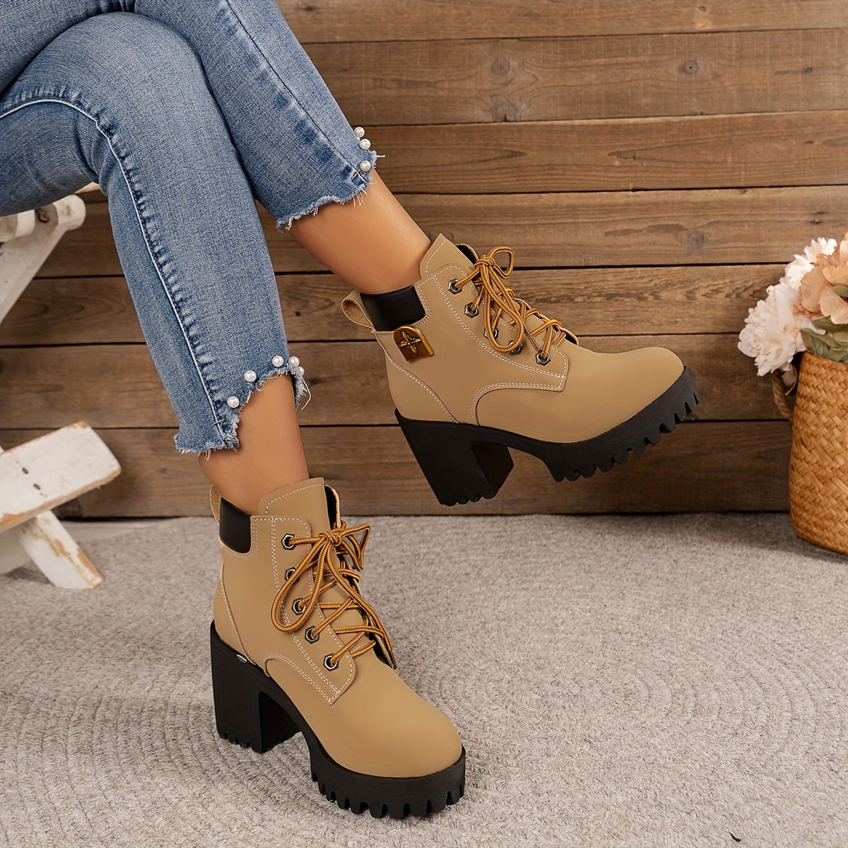 Women's Lace-Up Ankle Boots All-Season Round Toe Block Heel Solid Color