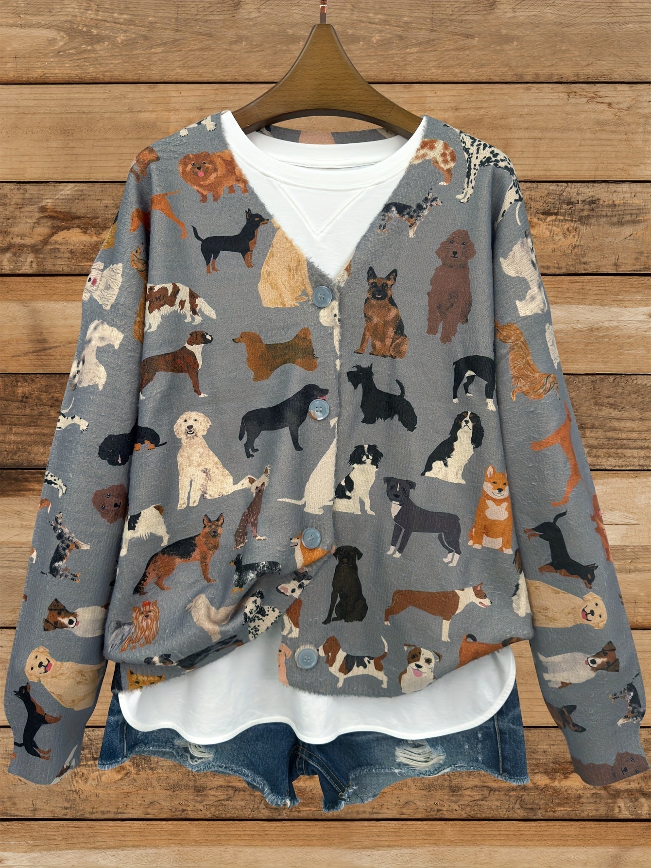 Plus Size Women's V-Neck Dog Print Cardigan Long Sleeve Cozy Fall Winter