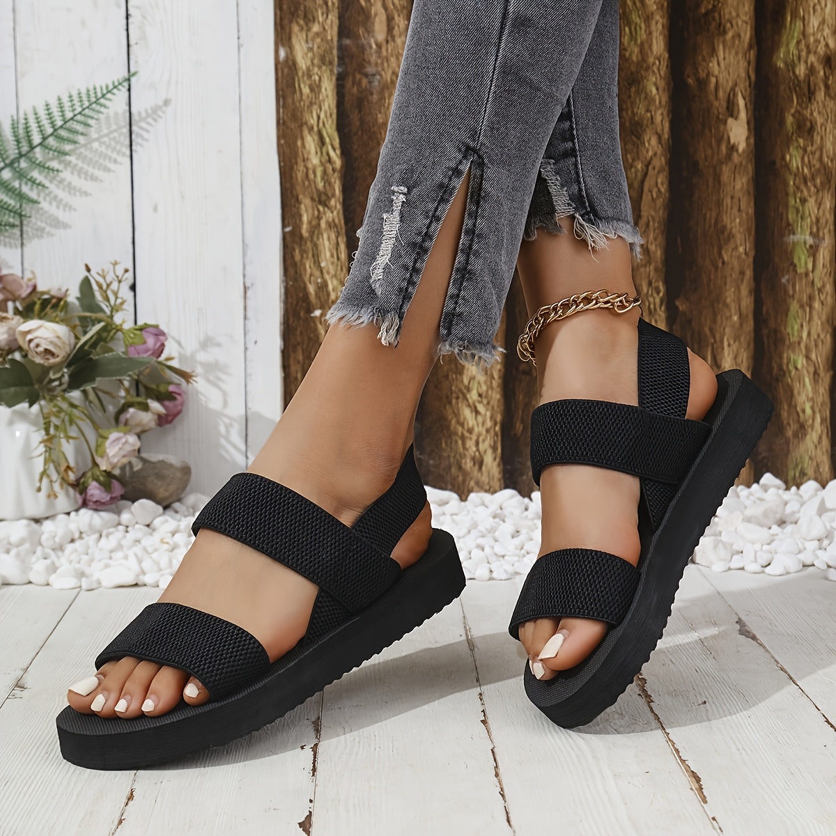 Women Wedge Sandals Platform Flip Flops Black Minimalist Outdoor Vacation
