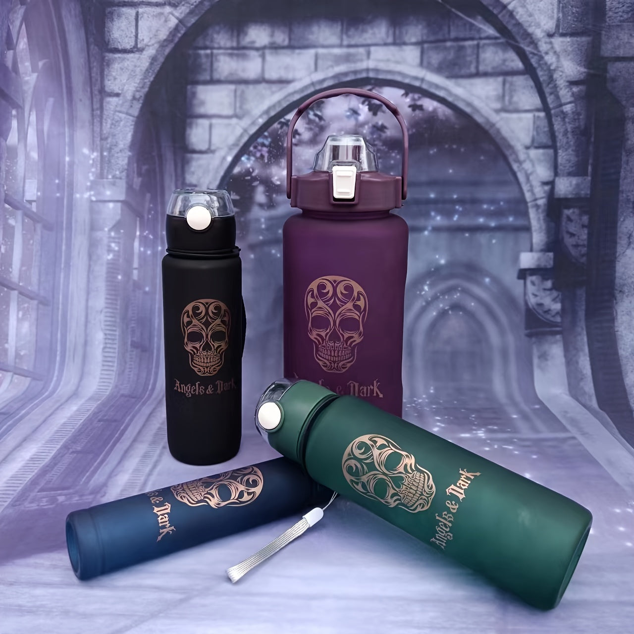 Halloween Skull Water Bottle Set Includes 3 Leak-Proof Sports Bottles with Straw and Time Mark for Kids and Adults