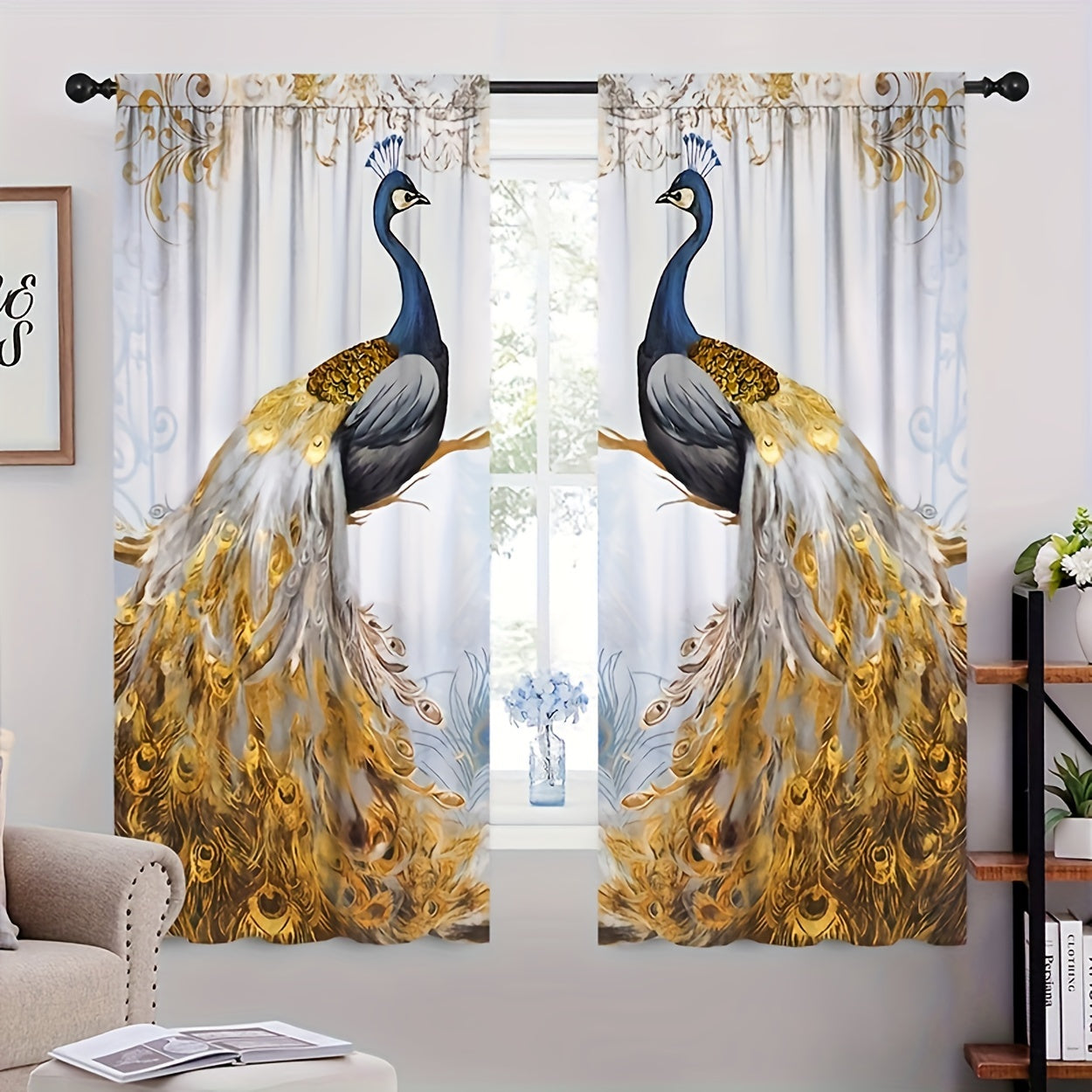 Golden Peacock Polyester Curtains for Windows Light Filtering Bedroom Living Room