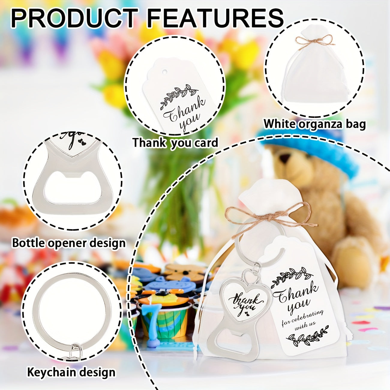 24 Wedding Bottle Openers with Cards and Organza Bags for Guests