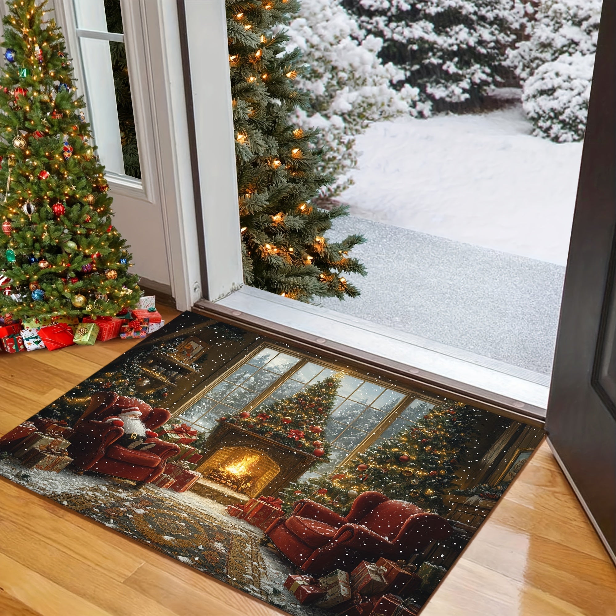 Non-Slip Christmas Doormat with Santa Fireplace Design Washable Polyester Rectangular Floor Mat