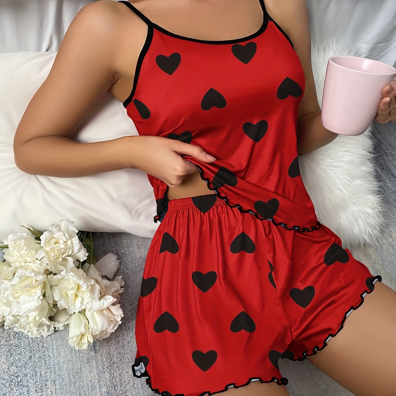 Conjunto de pijama con estampado de corazones para mujer con top tipo camisón y pantalones cortos con dobladillo de lechuga, ropa de dormir y ropa de estar en casa
