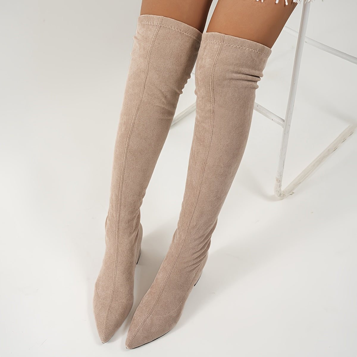 Women's Fleece-Lined Over-the-Knee Boots Khaki Pointed Toe Chunky Heel