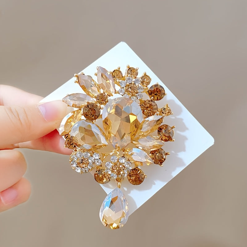 Vintage Crystal Brooch Pin with Irregular Teardrop Pendant and Glass Flower Design