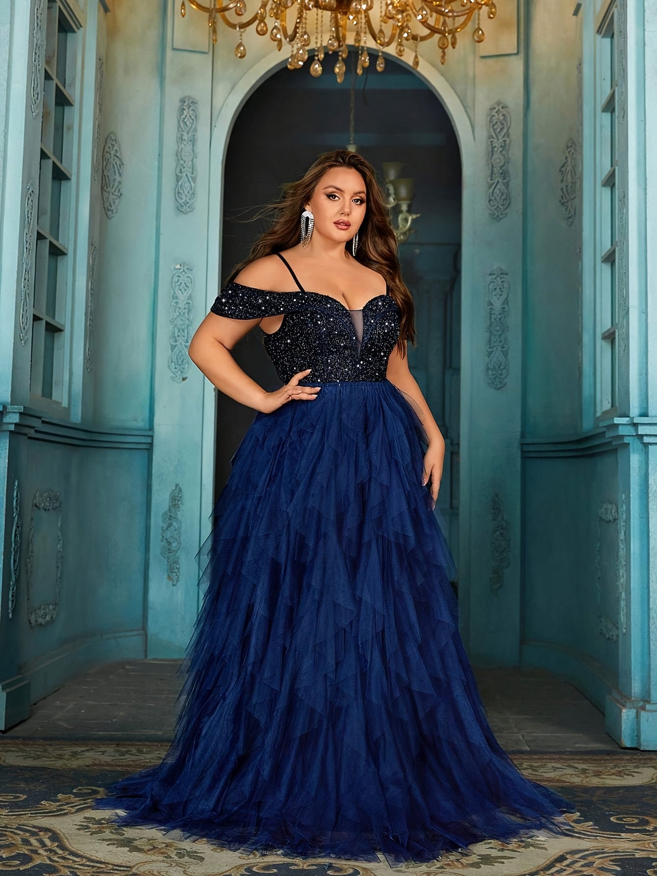 Women's Off-Shoulder Evening Gown Rhinestone Embellished Plus Size Formal Dress