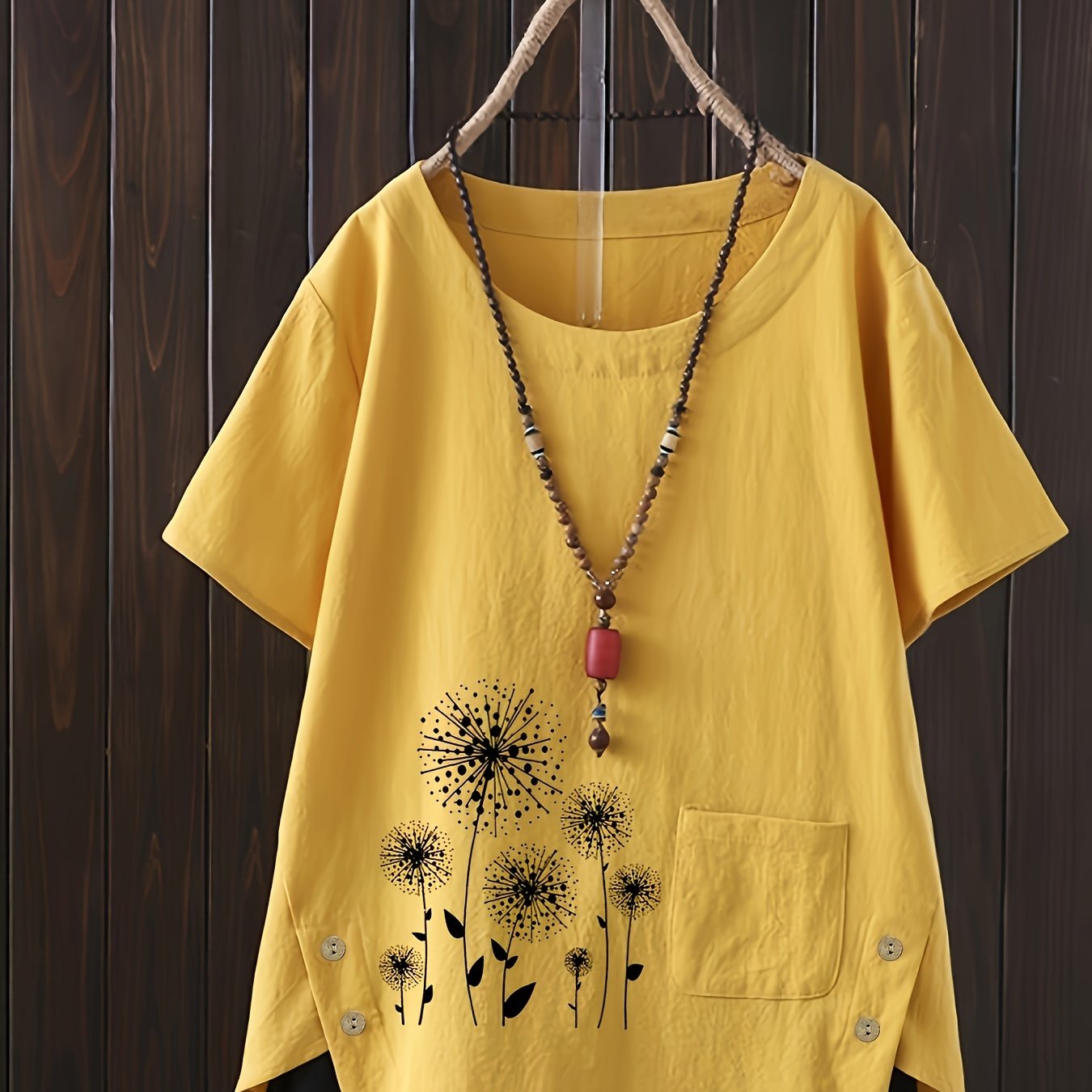 Plus Size Linen Shirt for Women Casual Short Sleeve Floral Woven Crew Neck