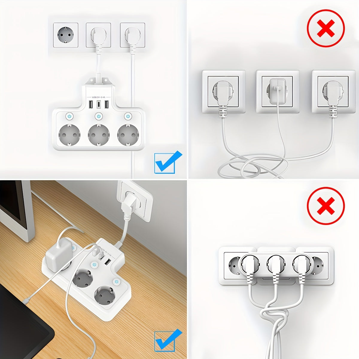 Wall-Mounted Power Strip with USB-C and Dual USB Ports for Home Office Space Saving