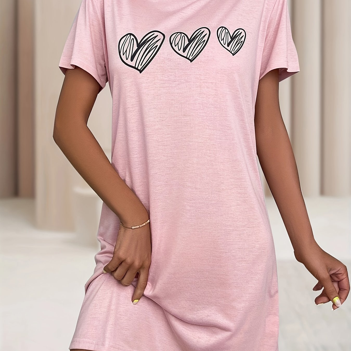 Women's Plus Size Heart Print Sleep Dress Soft Stretchy Nightgown Yellow