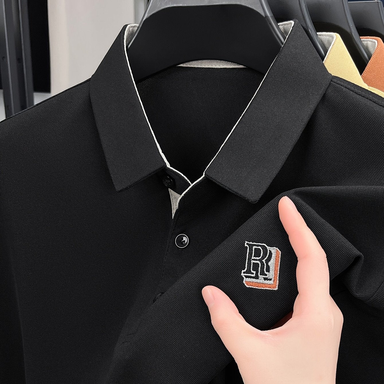 Men's Summer Casual Knitted Shirt Short Sleeve Embroidered Lettering Solid Color Breathable Fabric