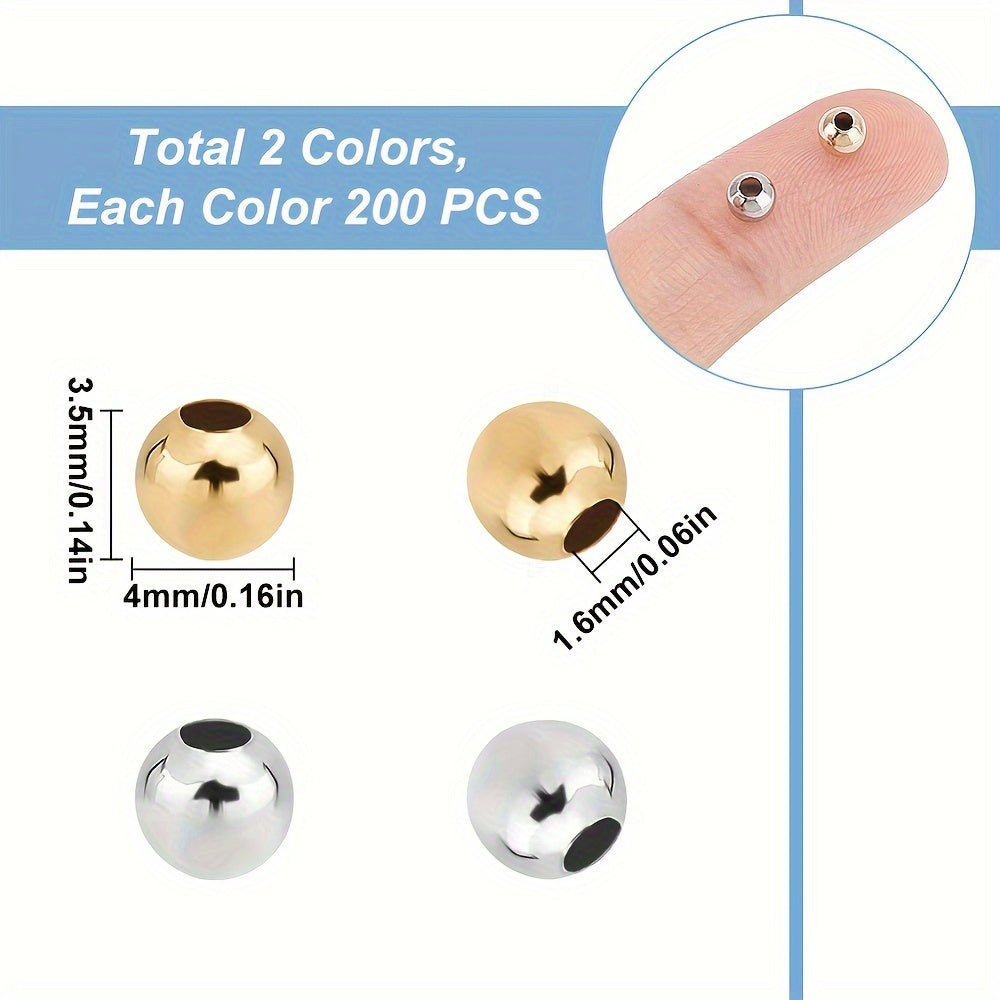 400 piezas de cuentas de acero inoxidable huecas redondas doradas y plateadas para hacer joyería