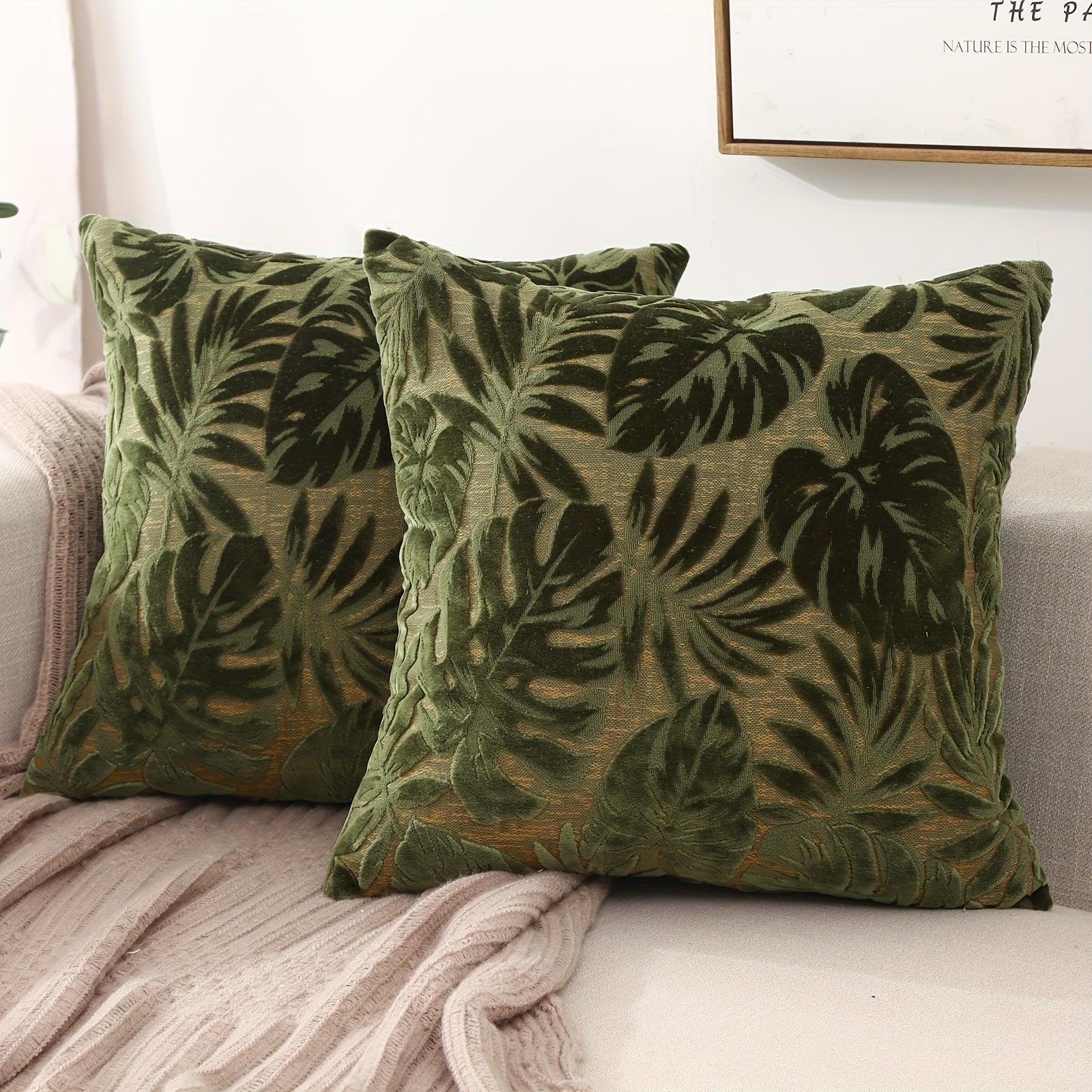 Set of Two Tropical Plant Polyester Chenille Jacquard Throw Pillow Covers for Living Room Decor