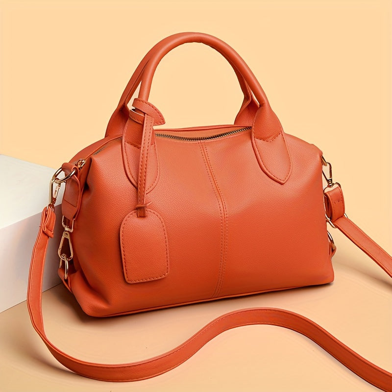 Synthetic Leather Tote Bag with Zipper Closure and Edge Paint in Black Pink Khaki Orange Light Brown