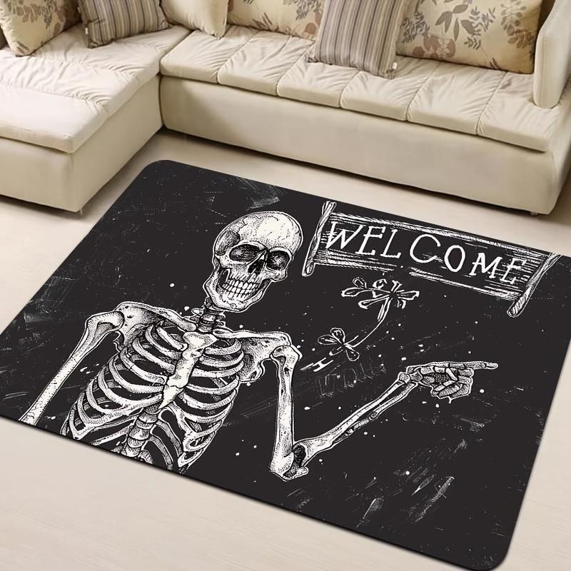Skeleton Welcome Doormat Indoor Polyester Flannel Rectangle Entryway Mat