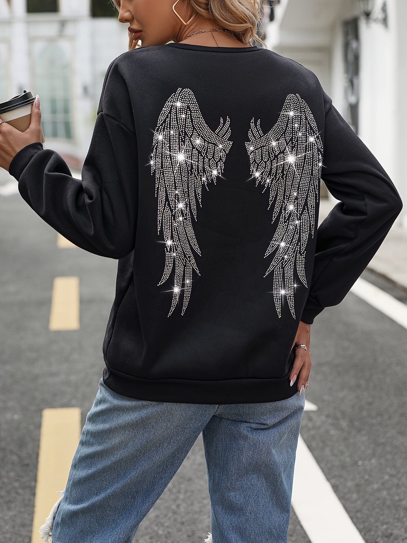 Women's Rhinestone Winged Shoulder Sweatshirt with Sparkle Details
