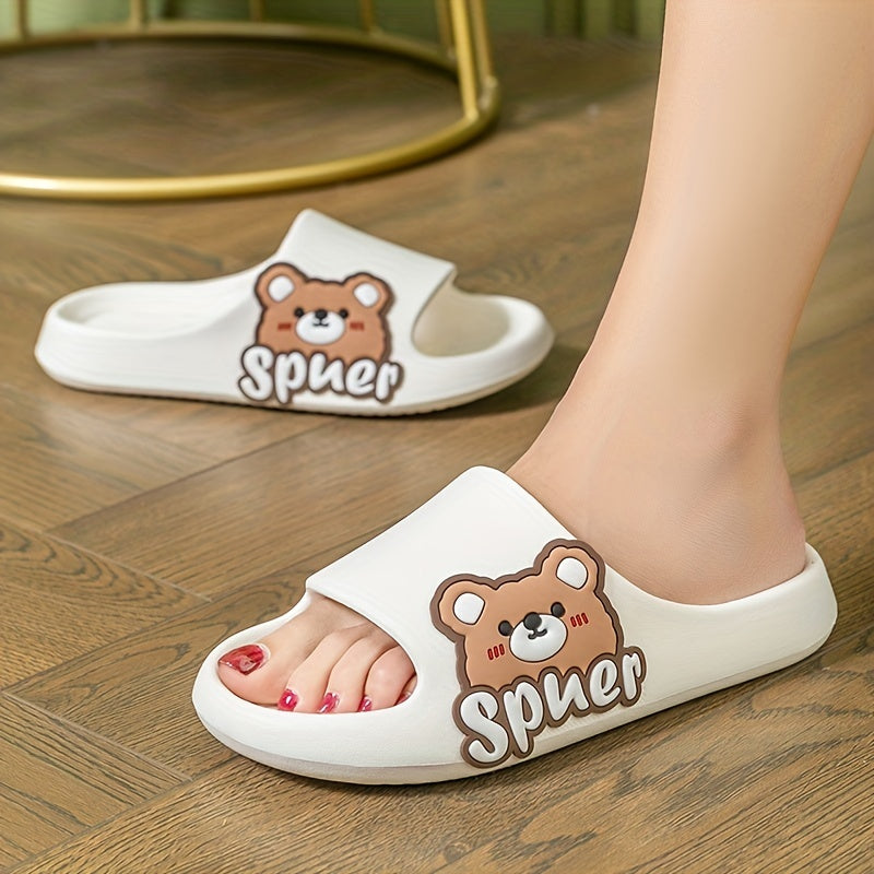 Women's Cartoon Bear Print Slides Casual Soft Sole Pillow Shoes