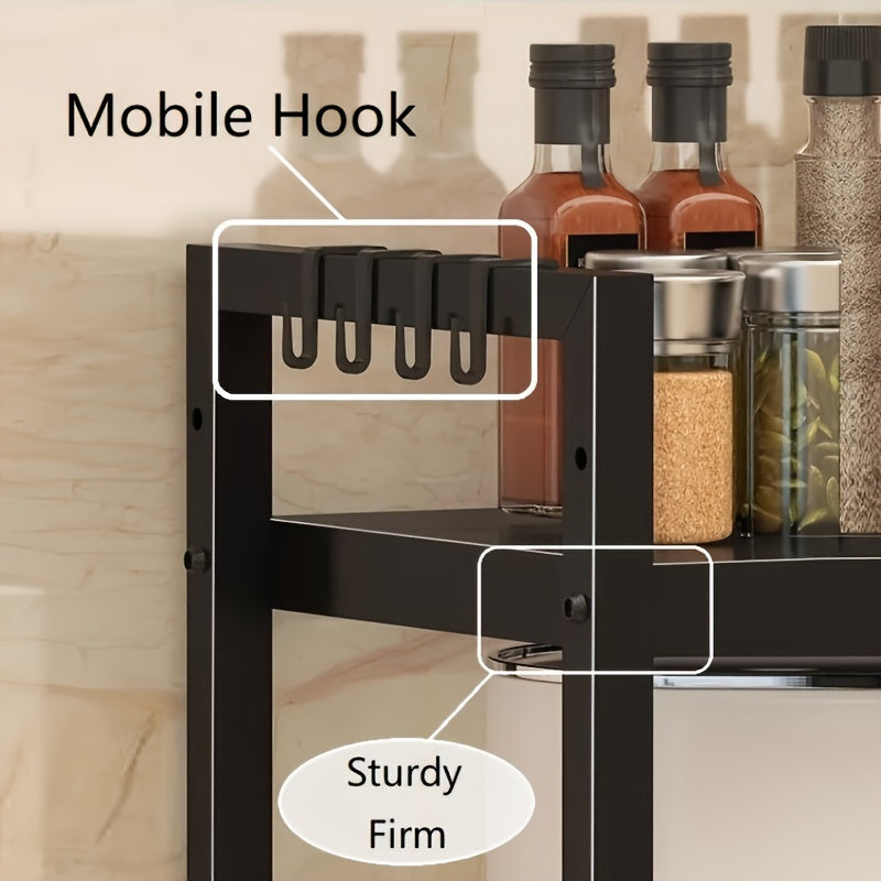 Estante de almacenamiento de cocina de 2 niveles de metal con estante para pan, estante para microondas y ganchos