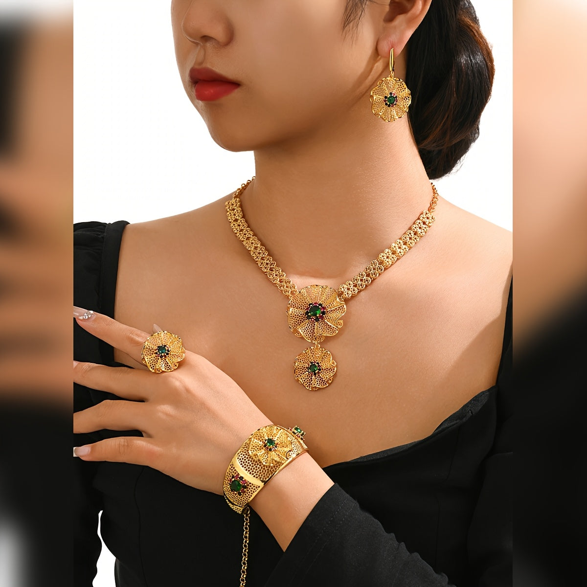 Ювелирный набор в винтажном стиле с синтетическим цирконием, позолота 18K, медь, ожерелье, серьги, браслет, кольцо для женщин