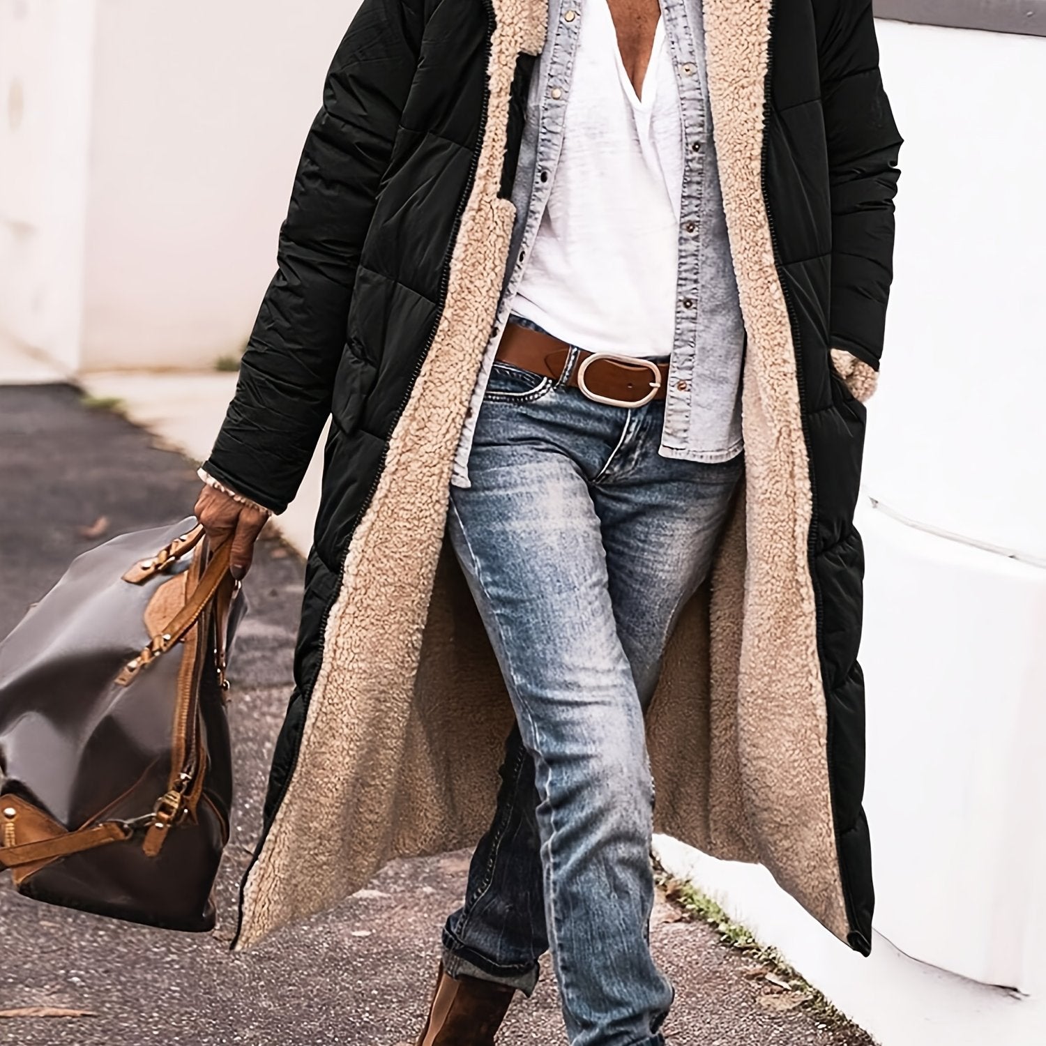 Long Padded Coat for Women with Fleece Lining Knee-Length Solid Color Winter Outerwear