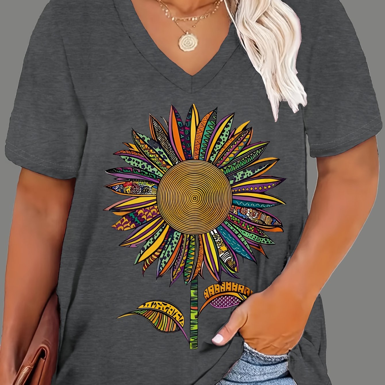 Women's Plus Size Plant Print Loose Casual T-Shirt Summer Top 1-8XL