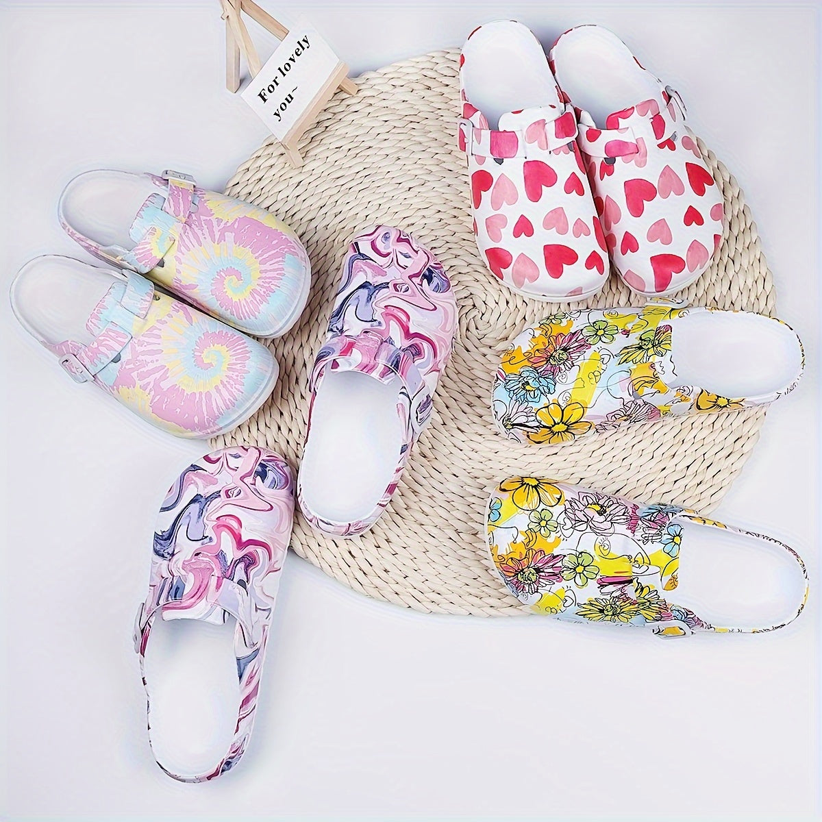 Women's Floral Pattern EVA Slip-On Mule Slippers with Adjustable Buckle