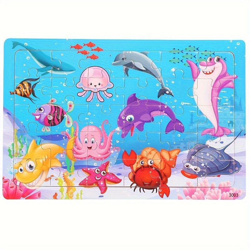 30-Piece Wooden Puzzle for Children Ages 3+ with Animal Dinosaur and Cartoon Designs