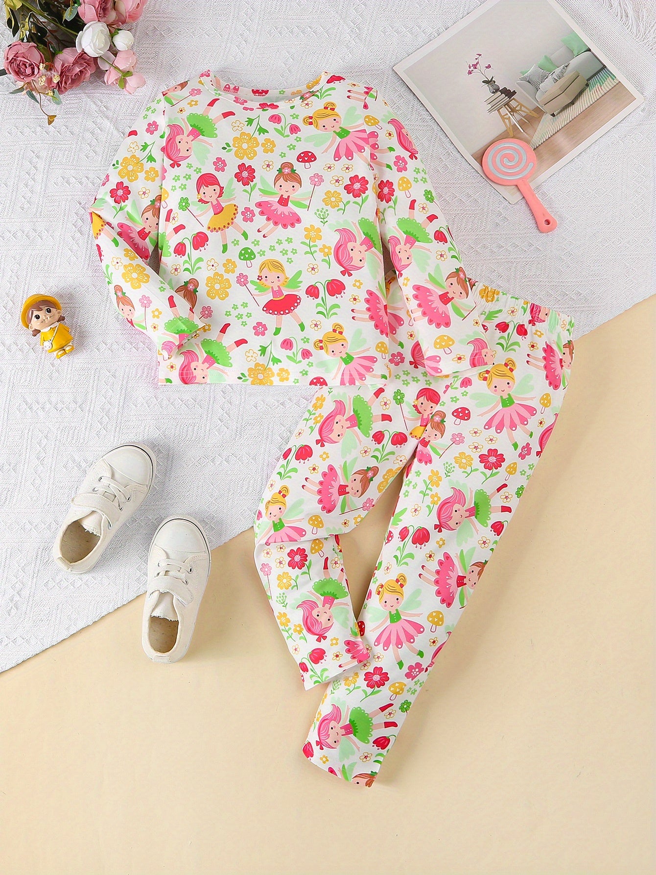 Girls' 4-Piece Pajama Set with Butterfly, Donut, Dinosaur Patterns in Polyester Blend for Kids