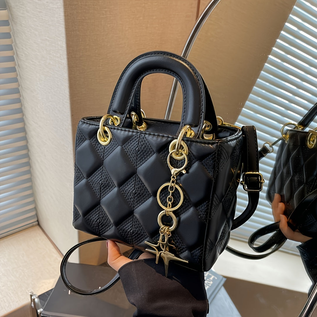 Women's Quilted PU Shoulder Bag Solid Color Zipper Closure for Day and Evening