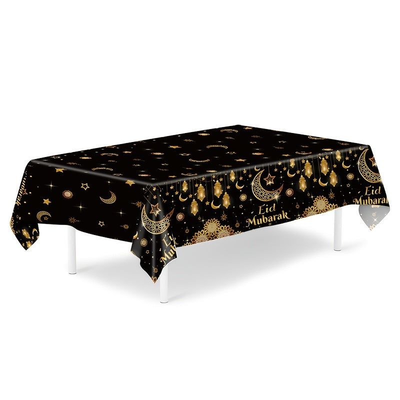 Eid Mubarak Tablecloth Black Gold Moon Star Lantern Design 130x220cm Plastic
