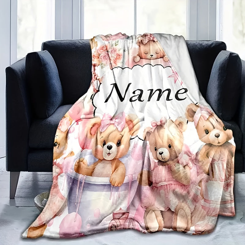 Personalized Fluffy Teddy Bear Print Flannel Throw Blanket for Adults and Home