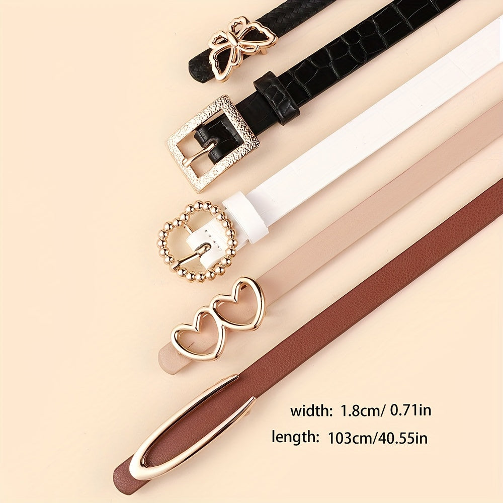 Набор из 5 женских маленьких ремней с металлическими пряжками, стильных и универсальных