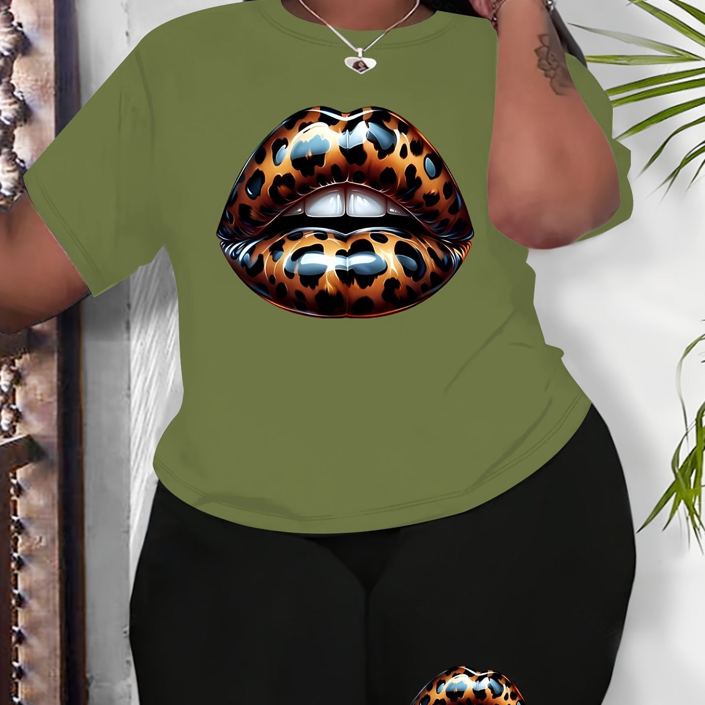 Women Plus Size Leopard Lip Print Casual Black Sportswear Set