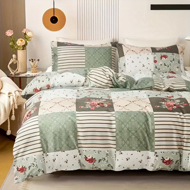 King Size Duvet Cover Set with Floral and Geometric Prints Soft Polyester All-Season Bedding