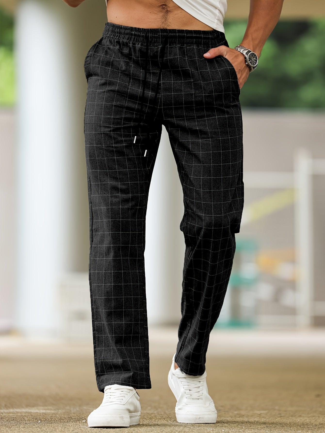 Men's Polyester Pants with Drawstring Waist Casual Striped Plaid Cropped Spring Fall