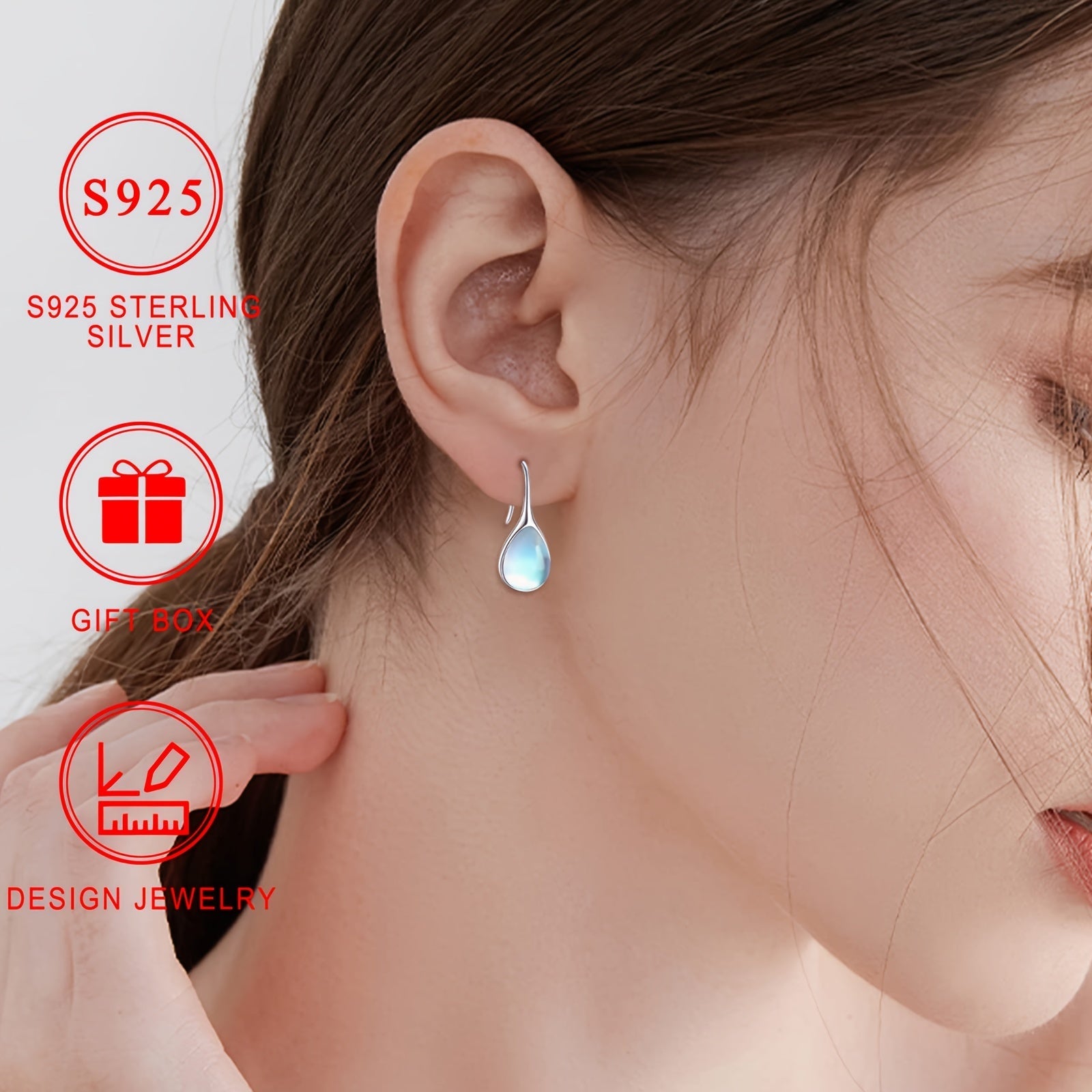 Серебряные серьги-капли с лунным камнем гипоаллергенные минималистичные украшения