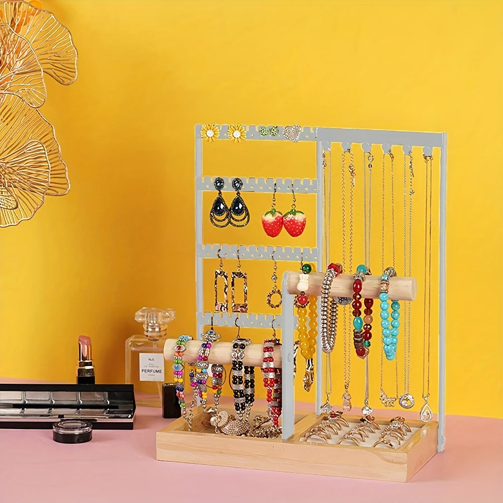 White Wooden Jewelry Organizer Stand with 5 Tiers and Iron Necklace Hooks