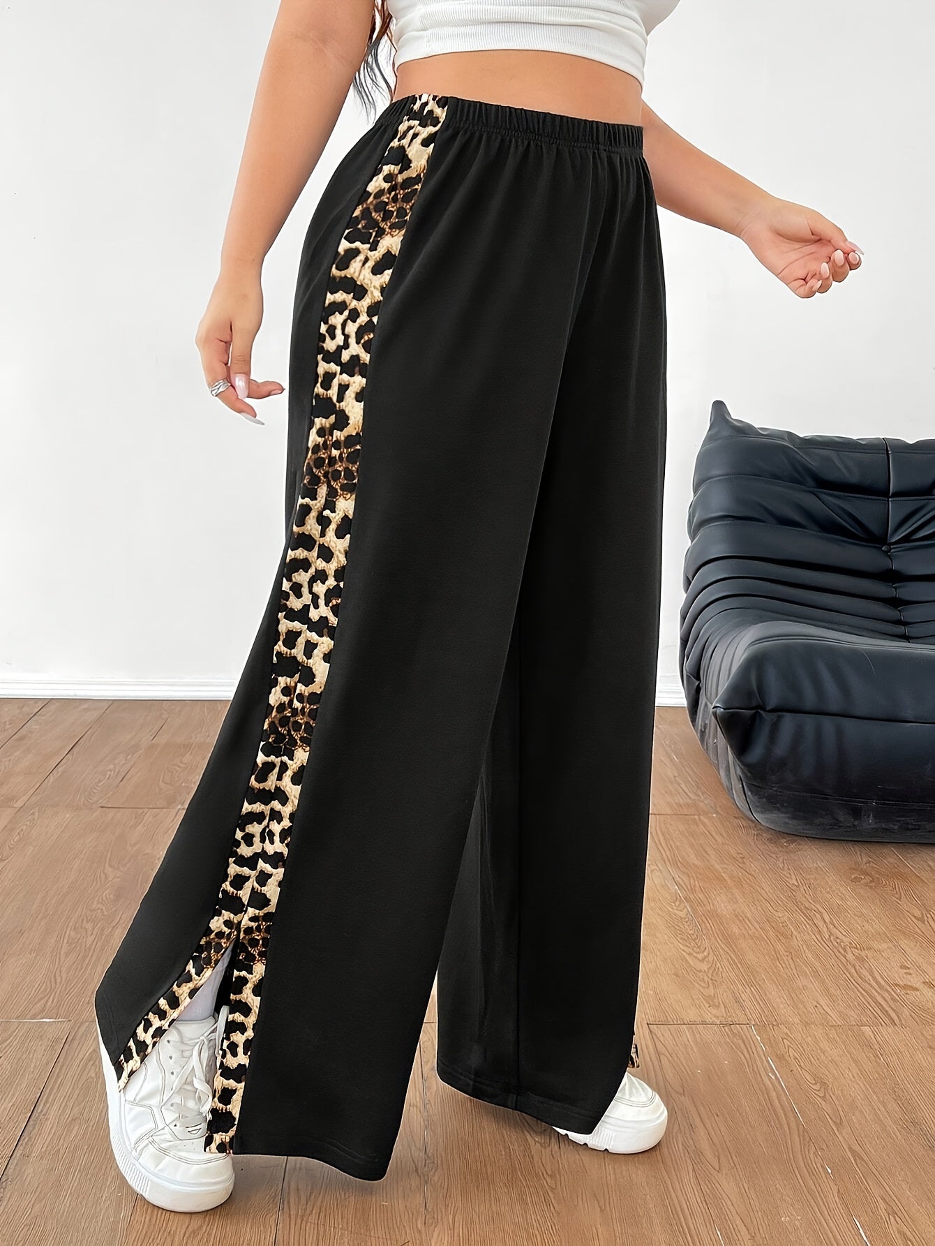 Plus Size Leopard Print Wide-Leg Pants High Waist Polyester