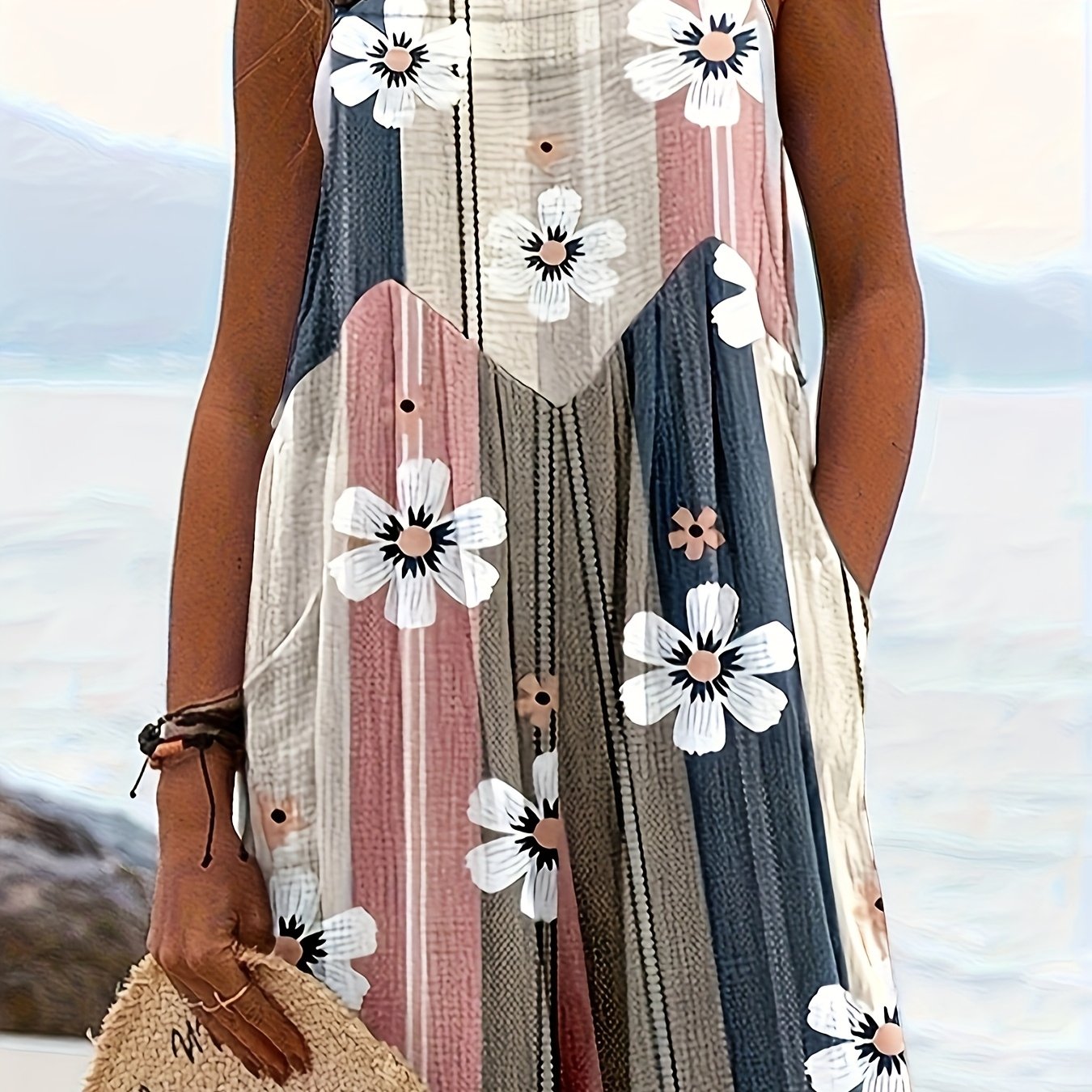 Women’s Floral Print Sleeveless Jumpsuit, Square Neck, Stretchy Fabric, Vacation Style