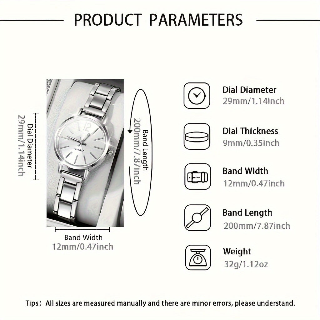 Women's Quartz Watch with Stainless Steel Band and Synthetic Gemstone Jewelry Set