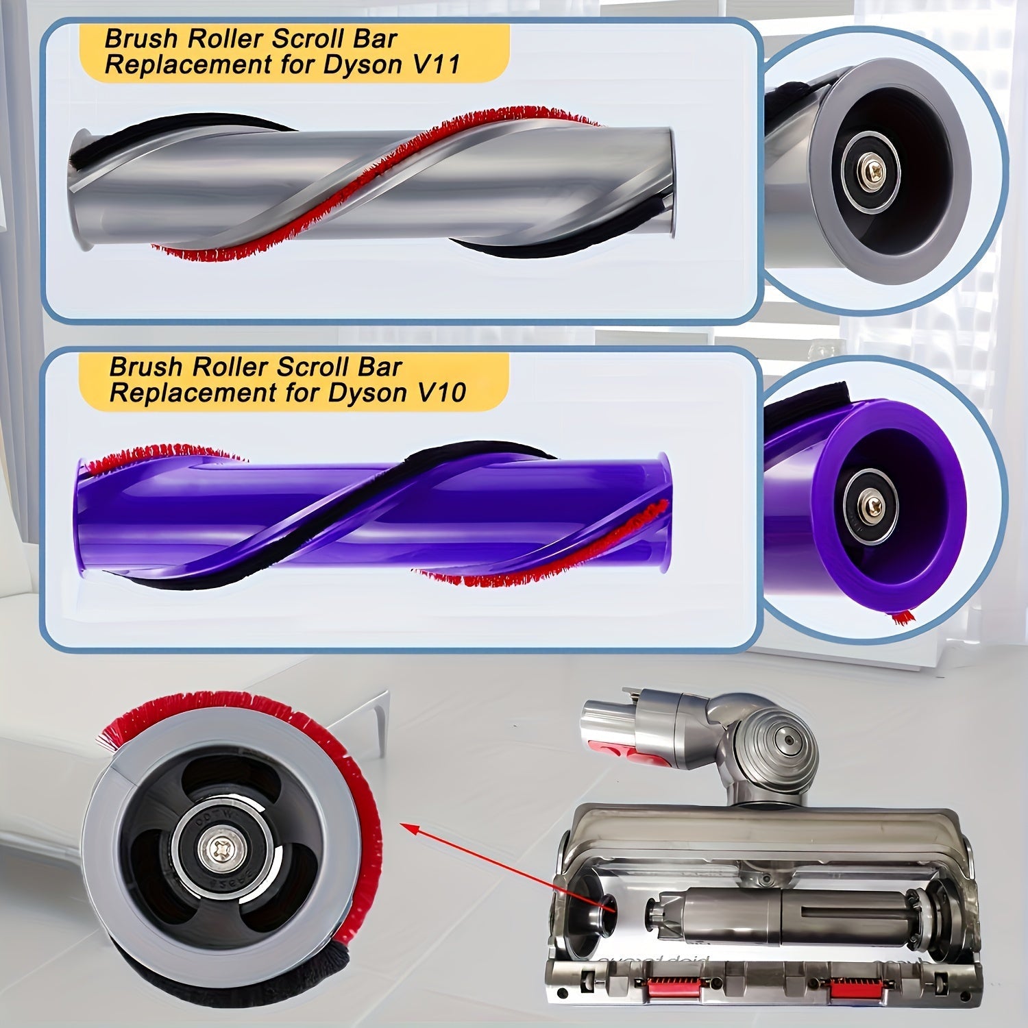Qurilmali changyutgich uchun bardoshli rulonli cho'tka, qizil sochlar, qora asos