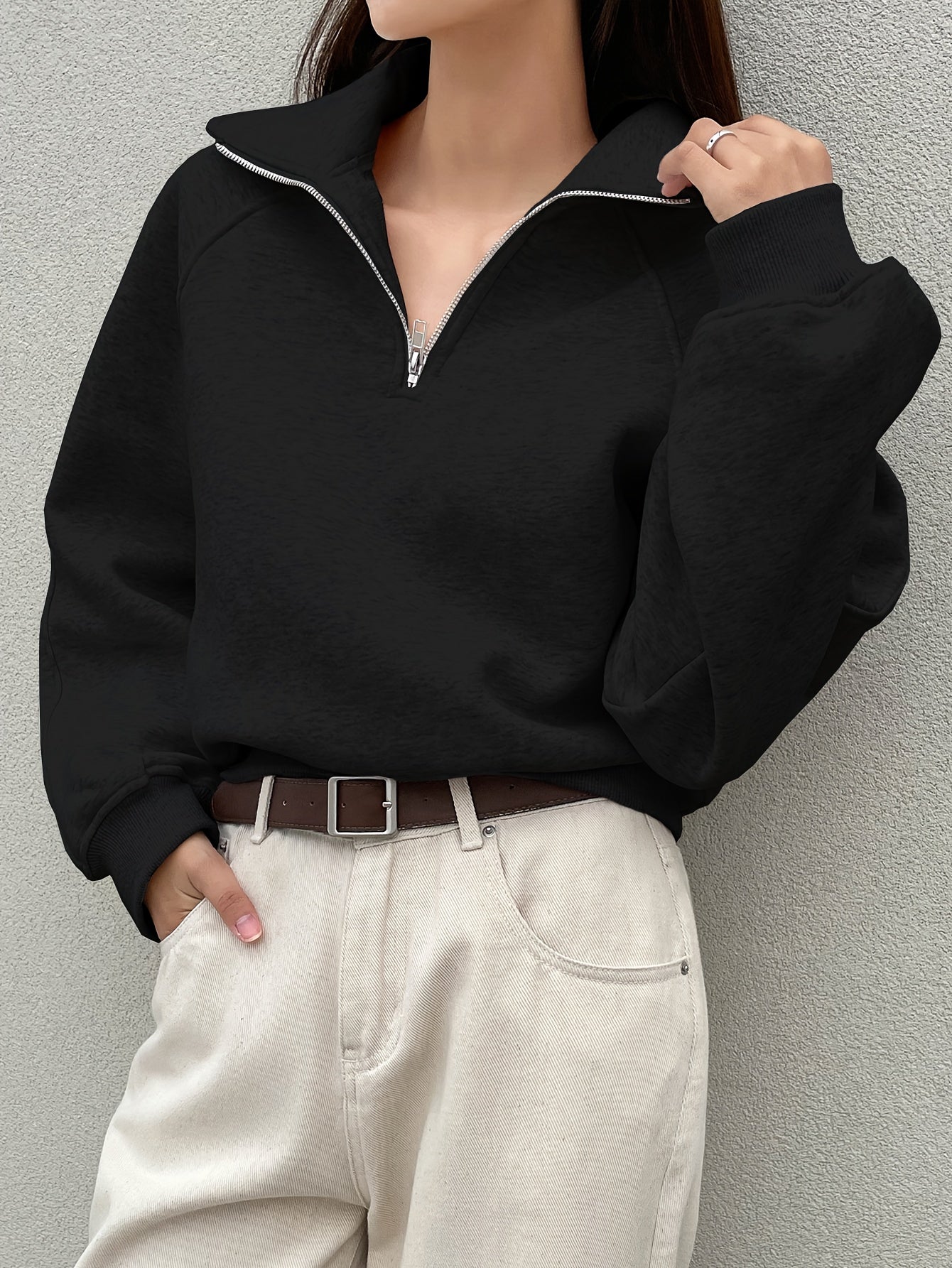 Women's Fleece-Lined Sweatshirt with Half-Zip Collar Raglan Sleeves Fall Winter