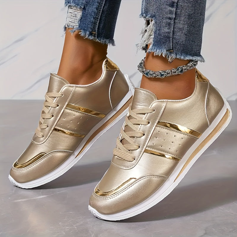 Women's Glitter Stripe Casual Sneakers with Metallic Gold Upper