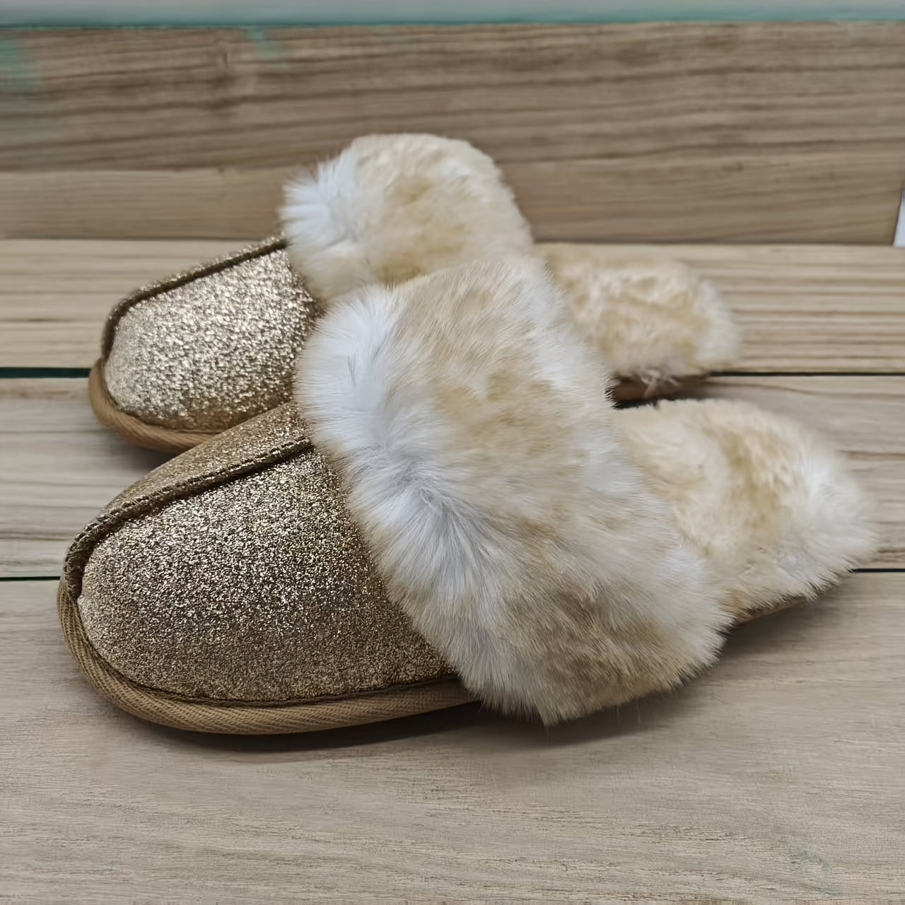 Women's Plush Lined Slippers with Glittery Gold Sole Indoor House Shoes