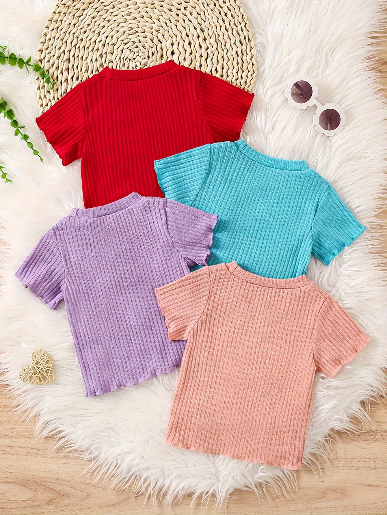 Girls' Summer Rib-Knit Short Sleeve Solid Color T-Shirt Tops Pack of 4