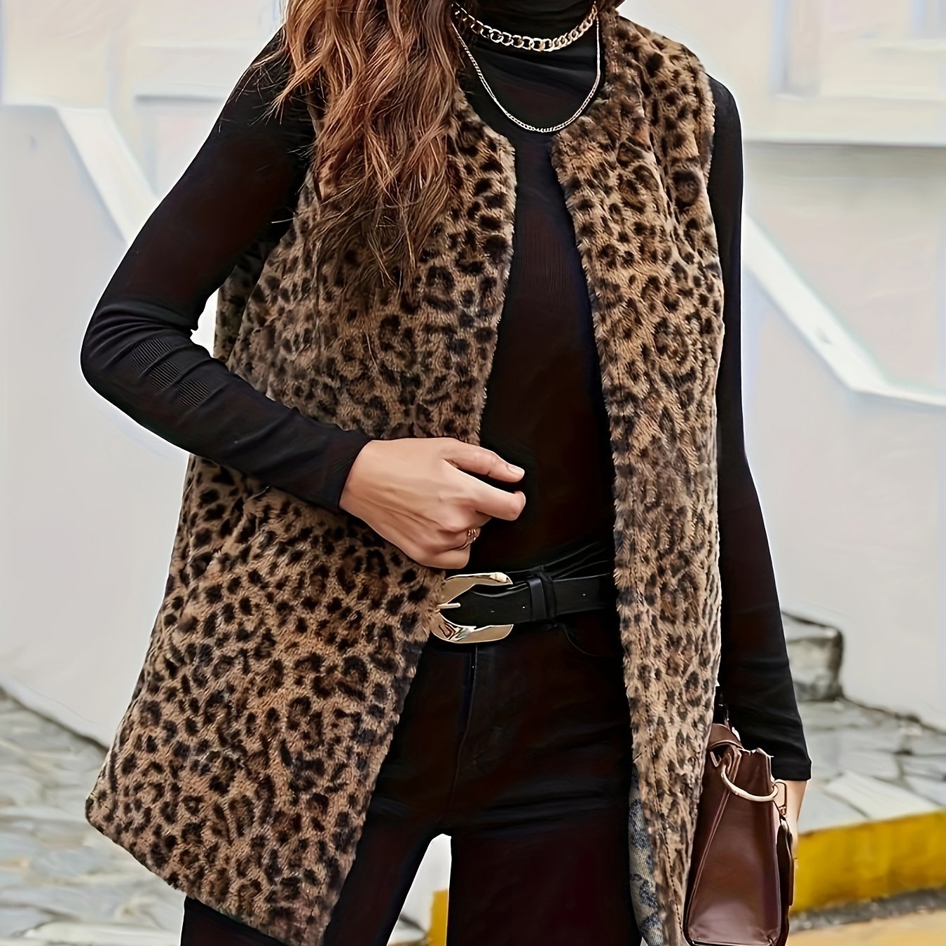 Жилет из миди-ткани с леопардовым принтом из полиэстера для женщин, размер Large